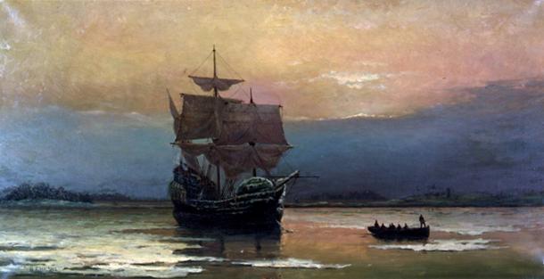 Painting by William Halsall, 1882, The Mayflower in Plymouth Harbor: the ship at anchor in calm water under a sunset sky, with a small boat nearby.